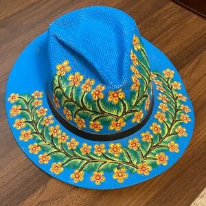 Hand-Painted Blue Floral Cowboy Hat Medium 12.5” x 14”